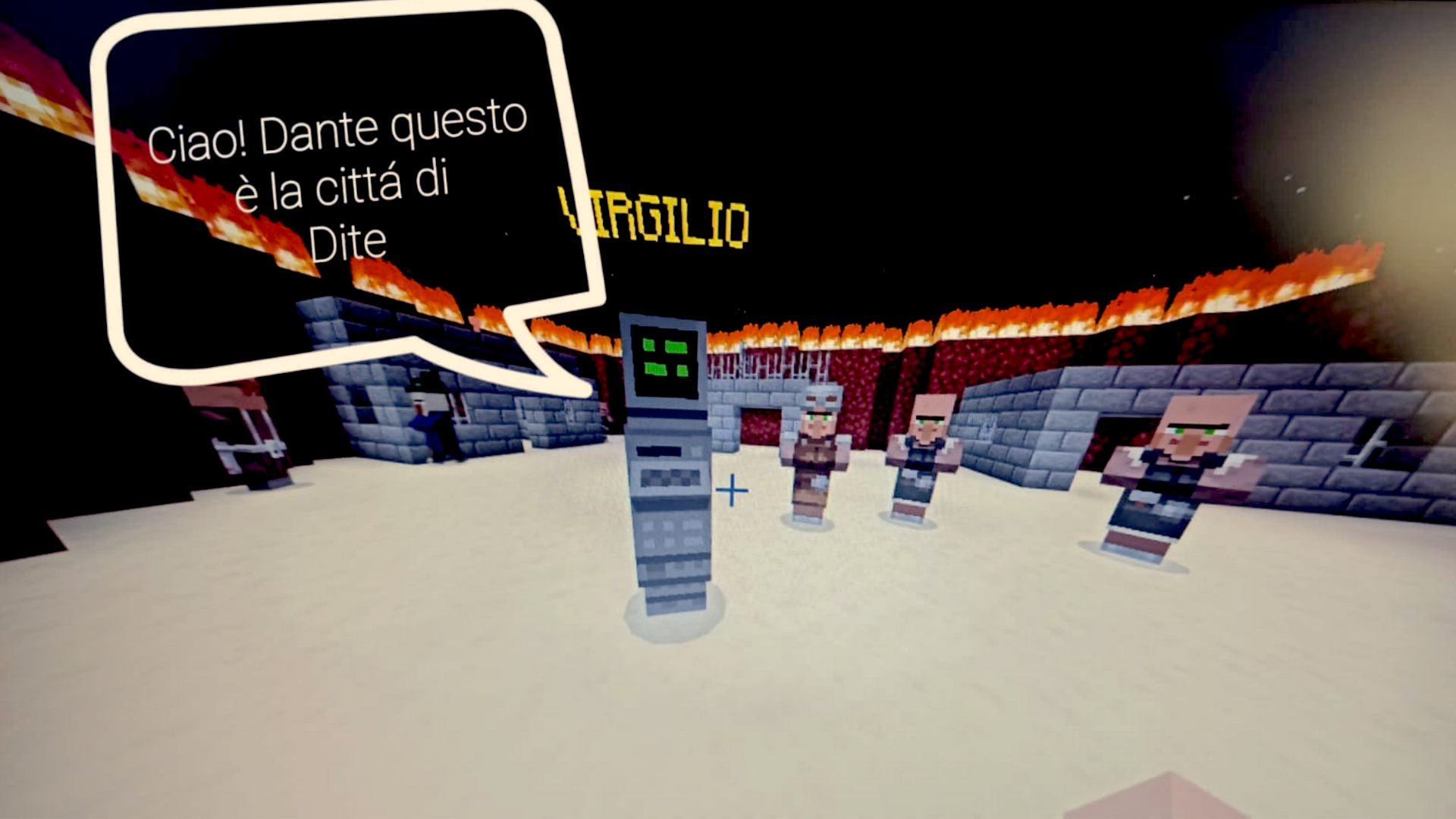 Immagine del videogame Minecraft in cui sono stati inseriti riferimenti alla Divina Commedia. Un totem elettronico dice: Ciao! Dante questa è la città di Dite. Sullo sfondo c'è il nome di Virgilio che sovrasta le mura di una città infuocata.