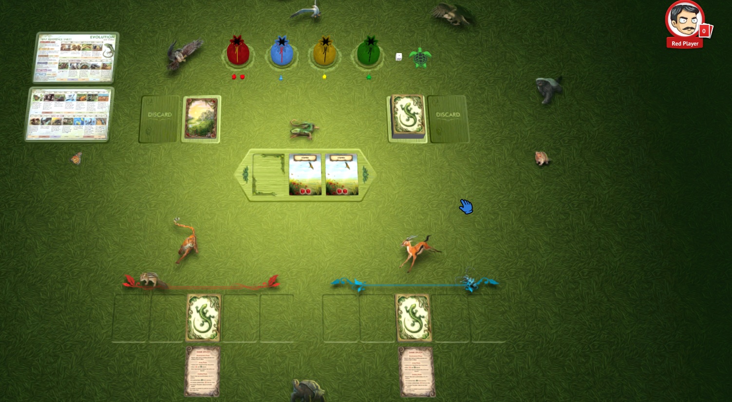 Immagine digitale del gioco Evolution: su fondo verde ci sono piccole figure di animali, varie carte da gioco,  e la manina del cursore blu pronta per giocare.