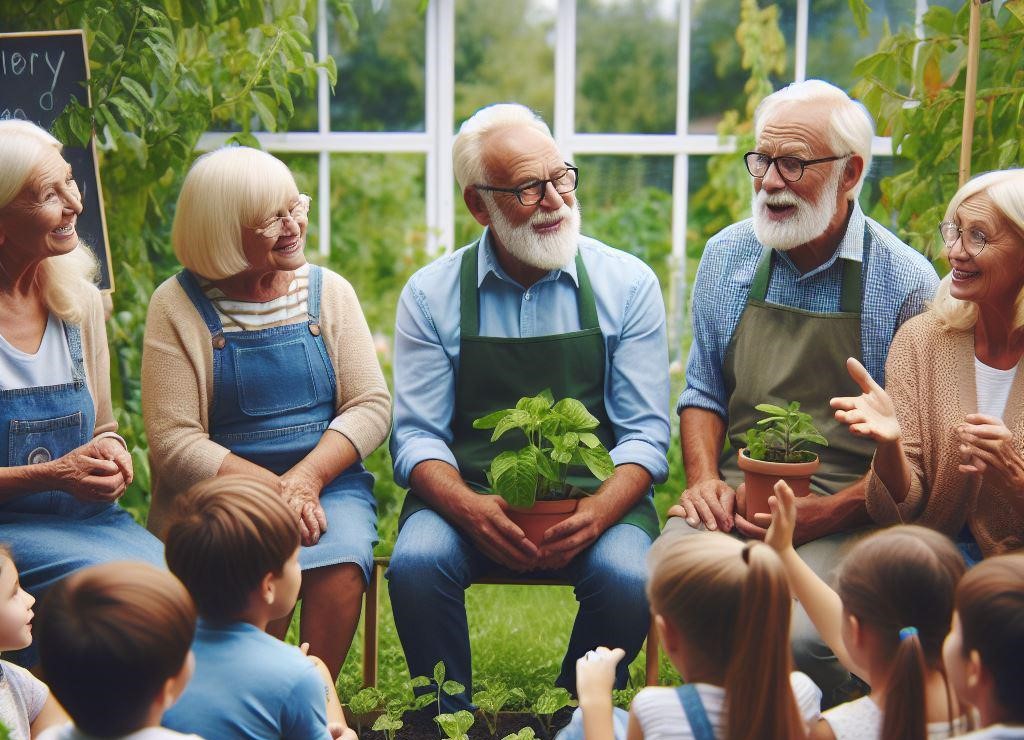 3 nonne e 2 nonni sono seduti davanti a dei bambini di spalle in un orto e raccontano cose sulle piantine dell'orto.