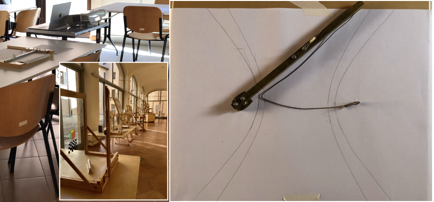 La foto è relativa all’itinerario sulle sezioni coniche con le macchine matematiche presenta la sala in cui si svolge l’attività la sala espositiva e l’iperbolografo a filo teso, con le curve tracciate dagli studenti