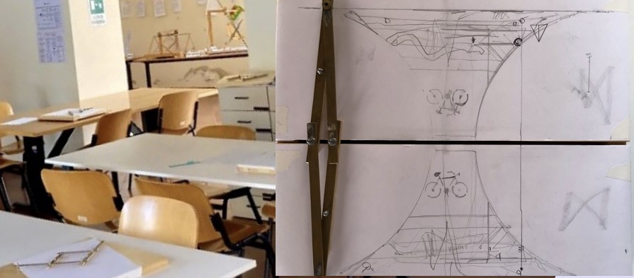 La foto è relativa all’itinerario sulle trasformazioni geometriche e con le macchine matematiche presenta la sala in cui si svolge l’attività e il pantografo per la simmetria assiale con le tracce prodotte dagli studenti