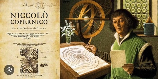Immagine divisa in due: a destra la litografia di Jean-Leon Huens col ritratto di Niccolò Copernico che elabora la teoria eliocentrica, lavorando ad una tavola astronomica con un compasso in mano: sullo sfondo un bel planetario di legno. A sinistra la copertina del suo libro "La rivoluzione del cosmo" in edizione originale.