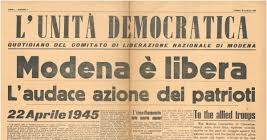 Prima pagina di un giornale d'epoca con il titolo "Modena è libera!"