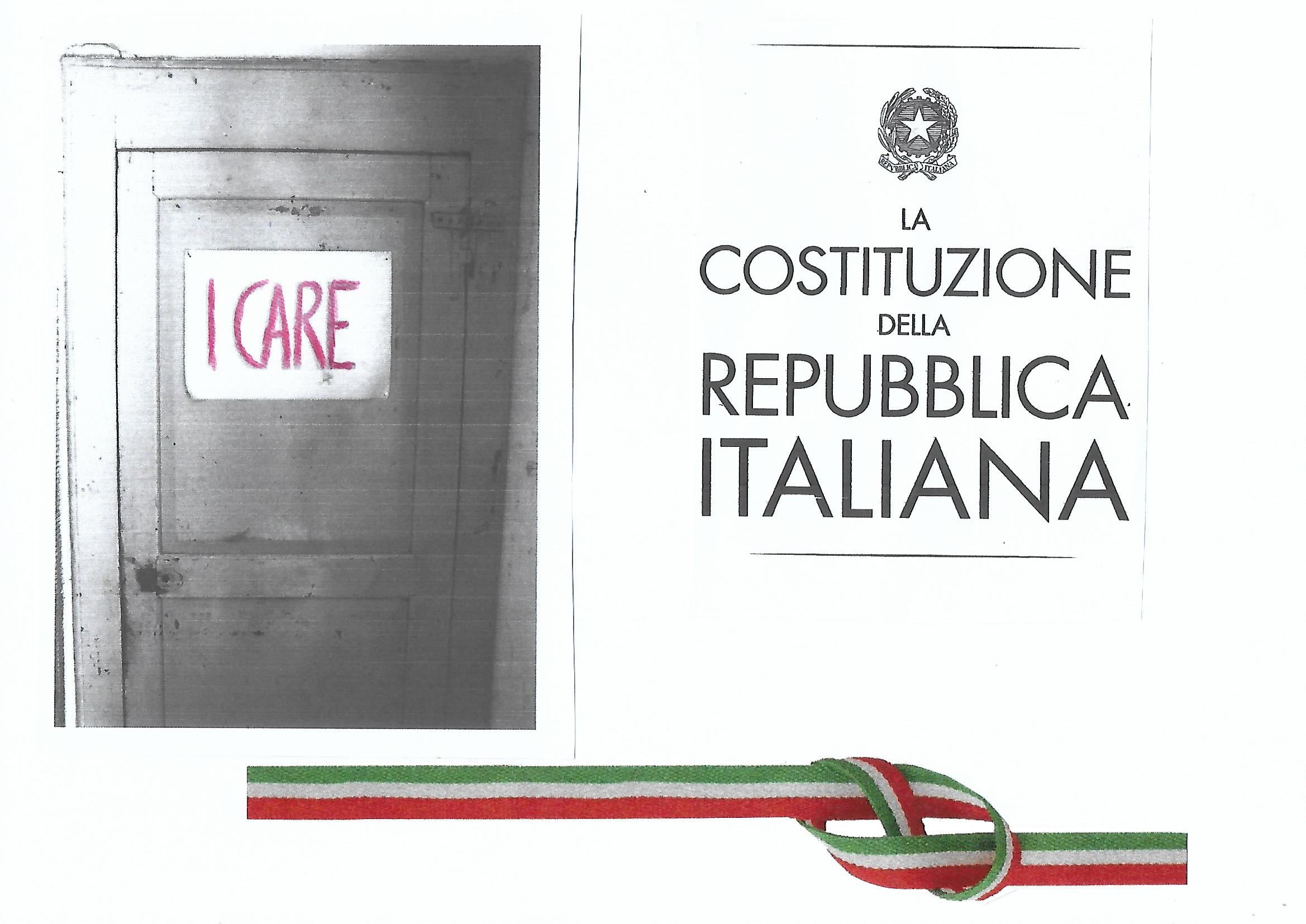 Immagine con scritta La Costituzione della Repubblica Italiana e raffigurante una porta con un cartello che dice "I care"
