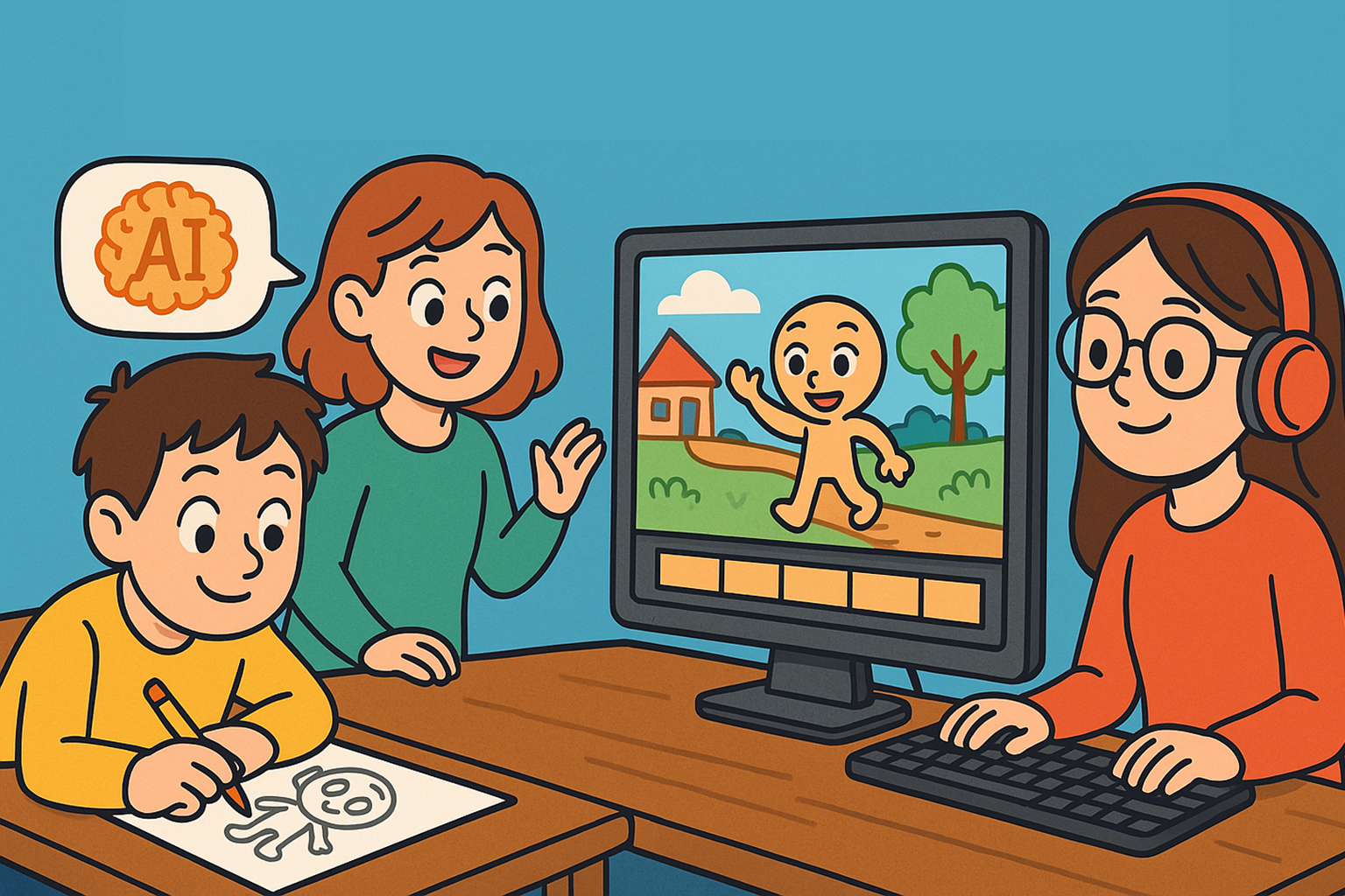 Due bambini, maschio e femmina, e un'insegnante lavorano a un PC utilizzando l'IA. Disegno creato con l'IA.