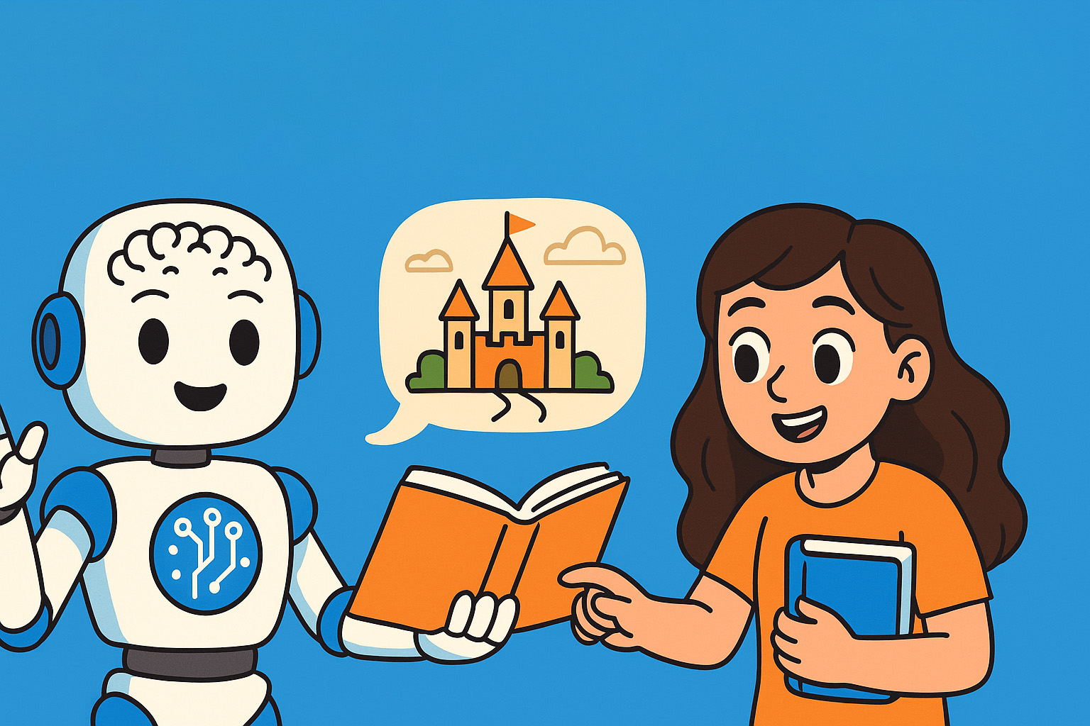 Una bambina che studia con l'aiuto di un robot. Disegno creato con l'IA.