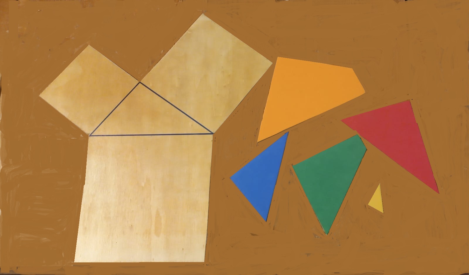 rappresentazione geometrica del teorema di Pitagora, e relativi pezzi di puzzle colorati
