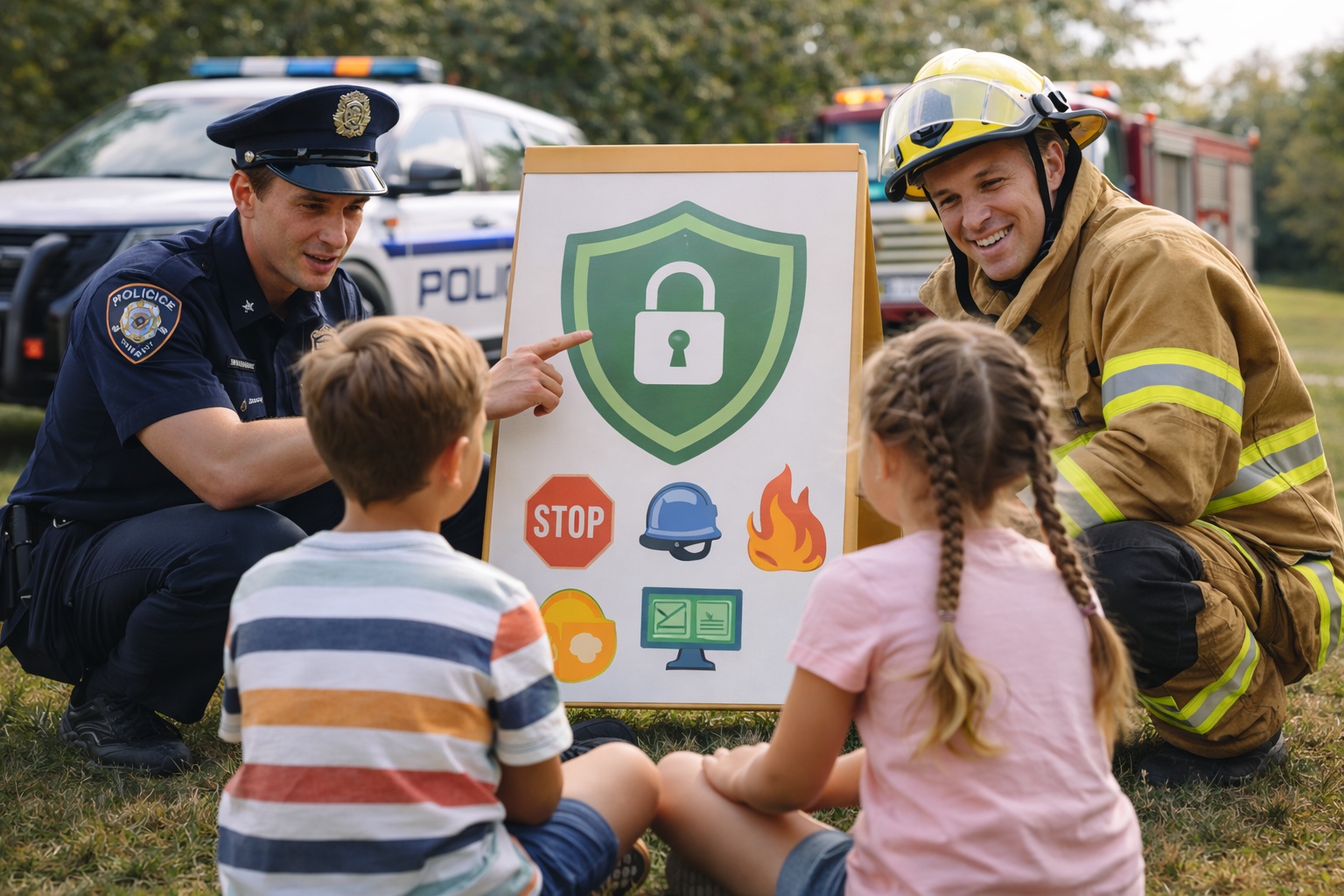Un poliziotto e un vigile del fuoco mostrano a due bambini un pannello con dei simboli inerenti la sicurezza.
