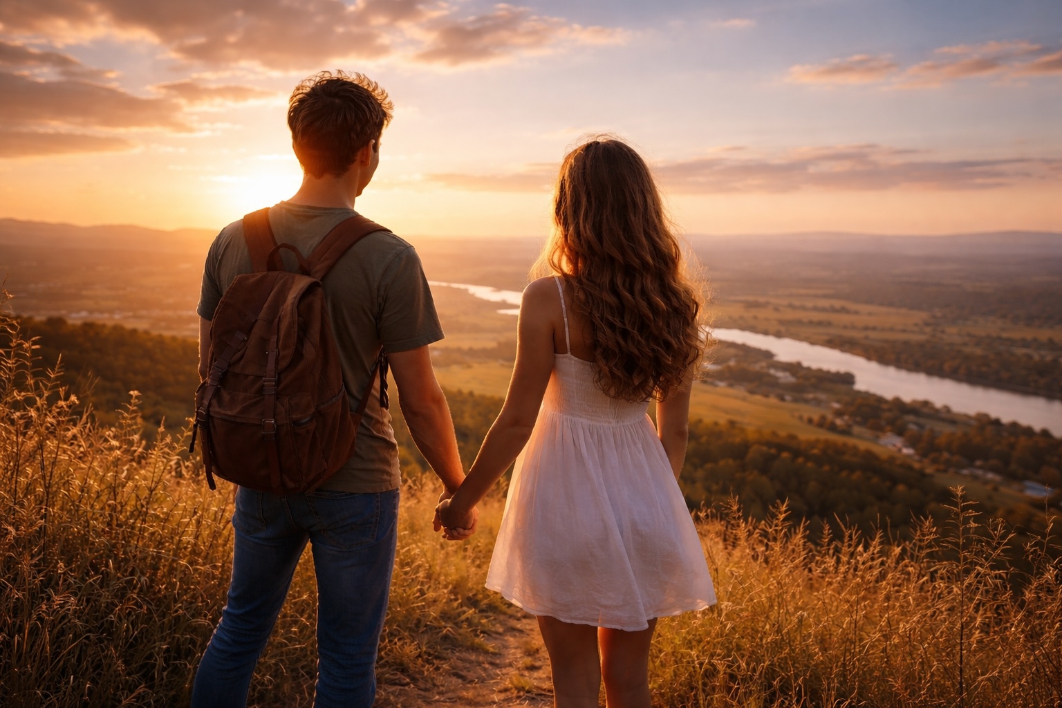 Due giovani che guardano un panorama al tramonto.