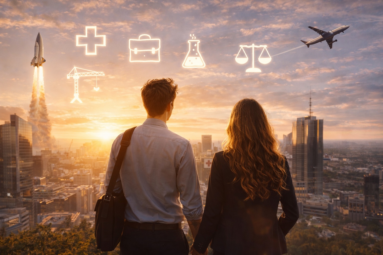 Due giovani che guardano il panorama di una città dall'alto, mentre nel cielo sono evidenziati dei simboli connessi al mondo del lavoro.