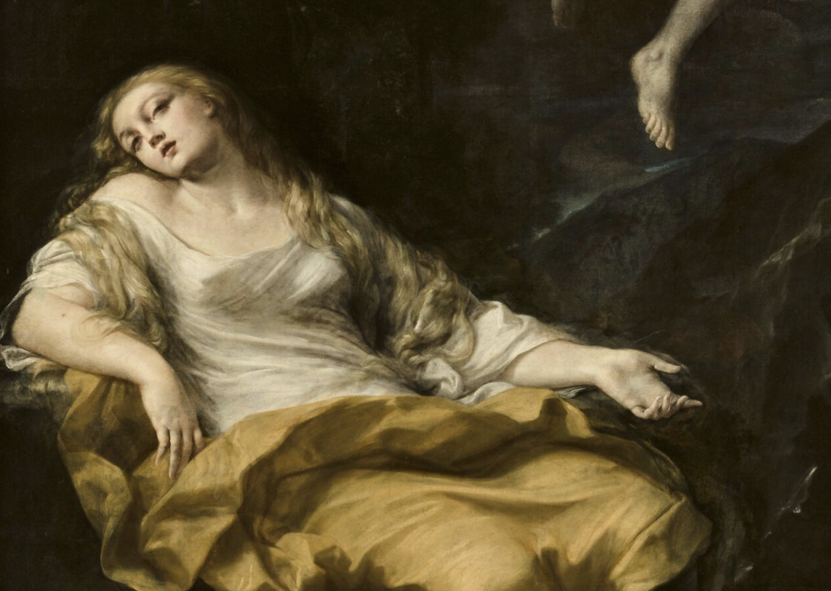 Particolare di un quadro della raccolta nella Galleria Estense di Modena raffigurante una donna seduta.
