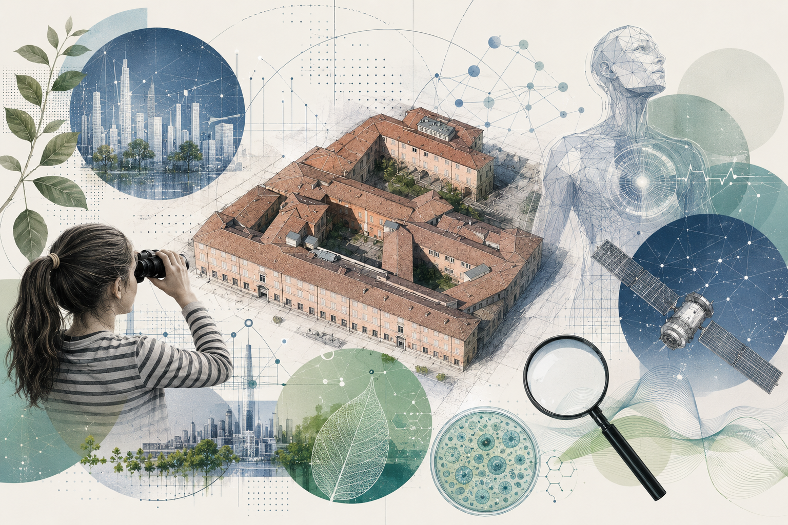 Al centro il complesso Sant’Agostino, circondato da elementi di innovazione, natura, architettura, intelligenza artificiale, spazio e ricerca.