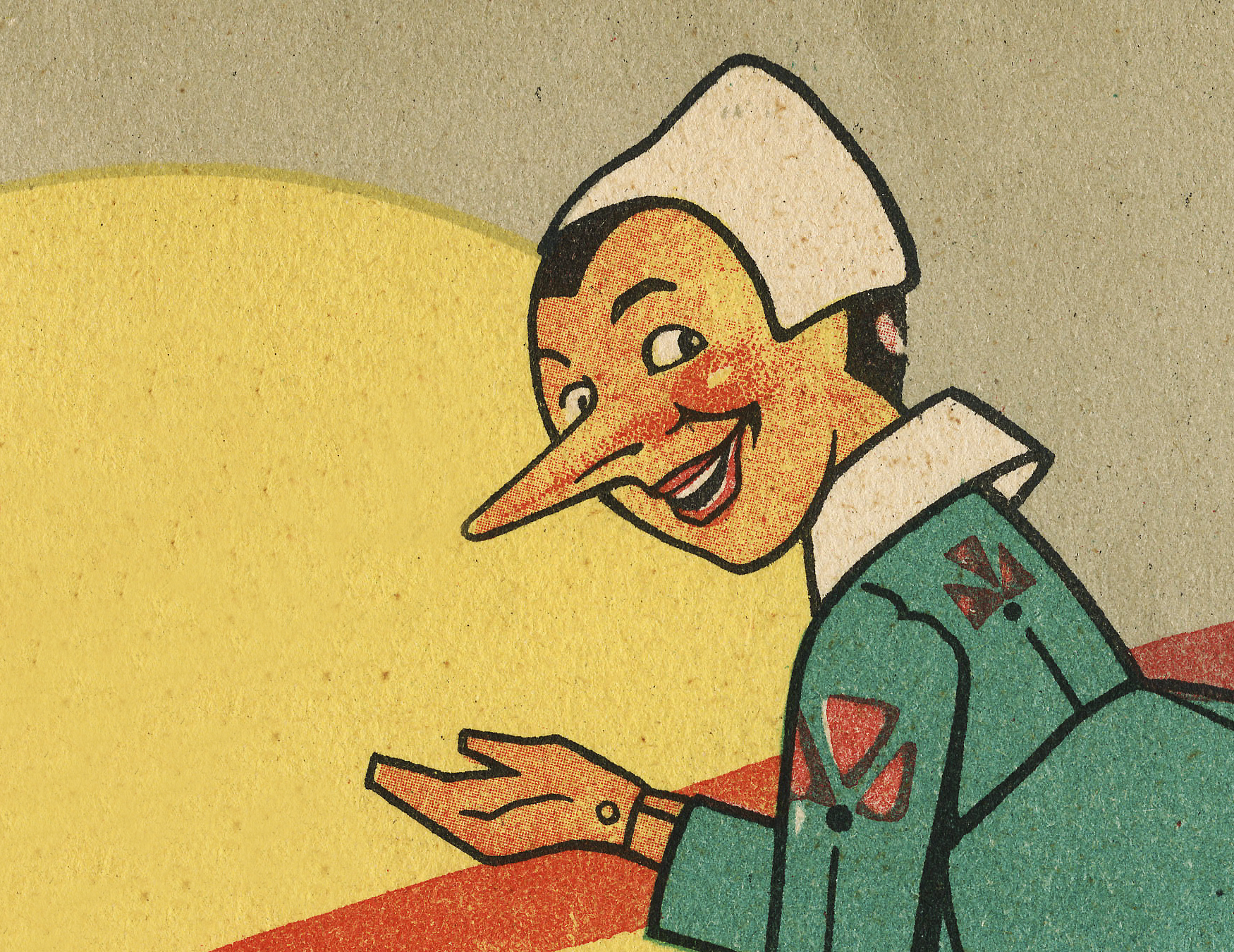 Immagine di Pinocchio, rappresentato con il caratteristico naso lungo e il cappello da burattino, in uno stile grafico vintage