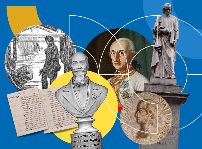 Immagini a tema storico-artistico sovrapposte di antichi manoscritti, ritratti, statue, medaglie e un busto.