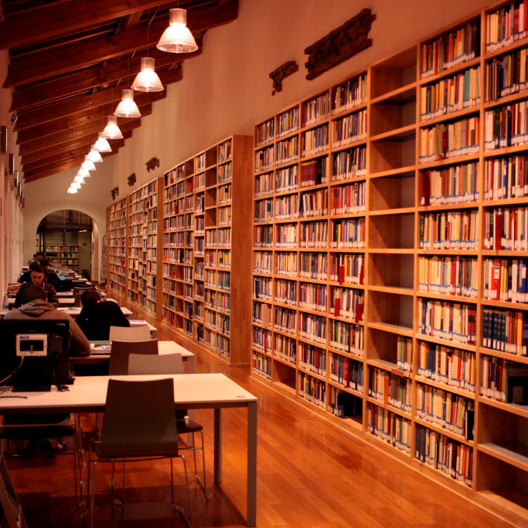Una biblioteca con alte scaffalature piene di libri. Alcune persone studiano ai tavoli