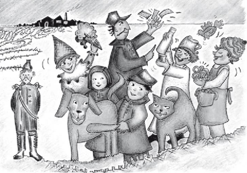 Illustrazione in bianco e nero in stile fiabesco che ritrae un gruppo festoso di personaggi: al centro un uomo con cappello a cilindro e mantello scuro solleva in alto delle banconote, circondato da bambini in costume e da un cane e un gatto. A destra, una donna con acconciatura elaborata tiene un cestino. Una persona con giubbotto e stivali osserva la scena, mentre dietro si intravede una spiaggia con un piccolo villaggio in lontananza