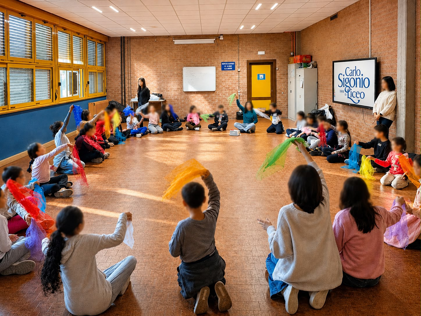 Un gruppo di bambini, insieme alle insegnanti, partecipa a un’attività utilizzando e sventolando veli di stoffa colorati