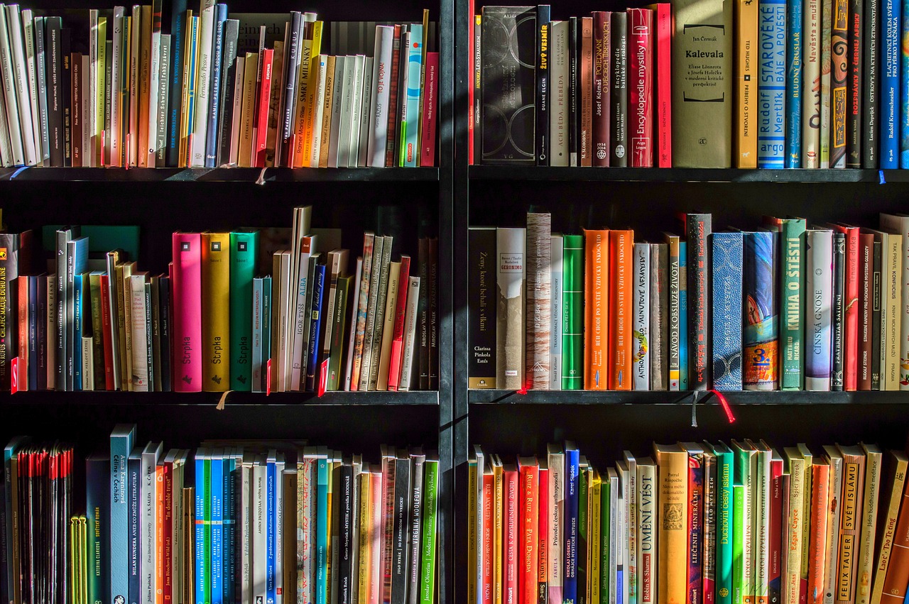 Una libreria scura con libri colorati sugli scaffali